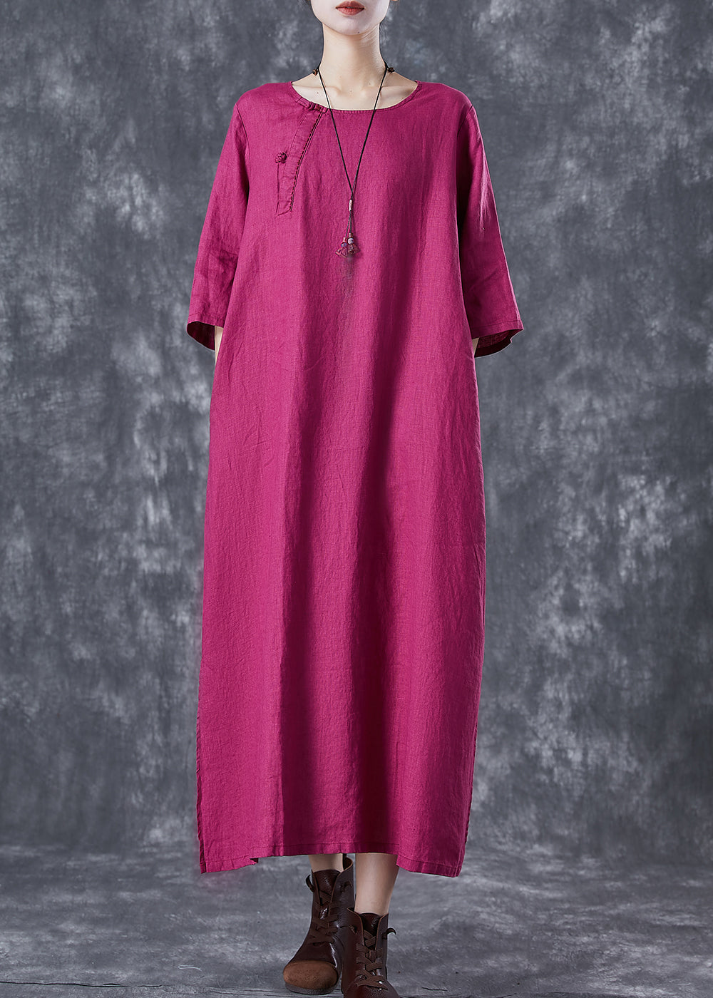 Rose Oversized Linen Holiday Dress Chinese Button Side Open Half Sleeve TD1066 - fabuloryshop