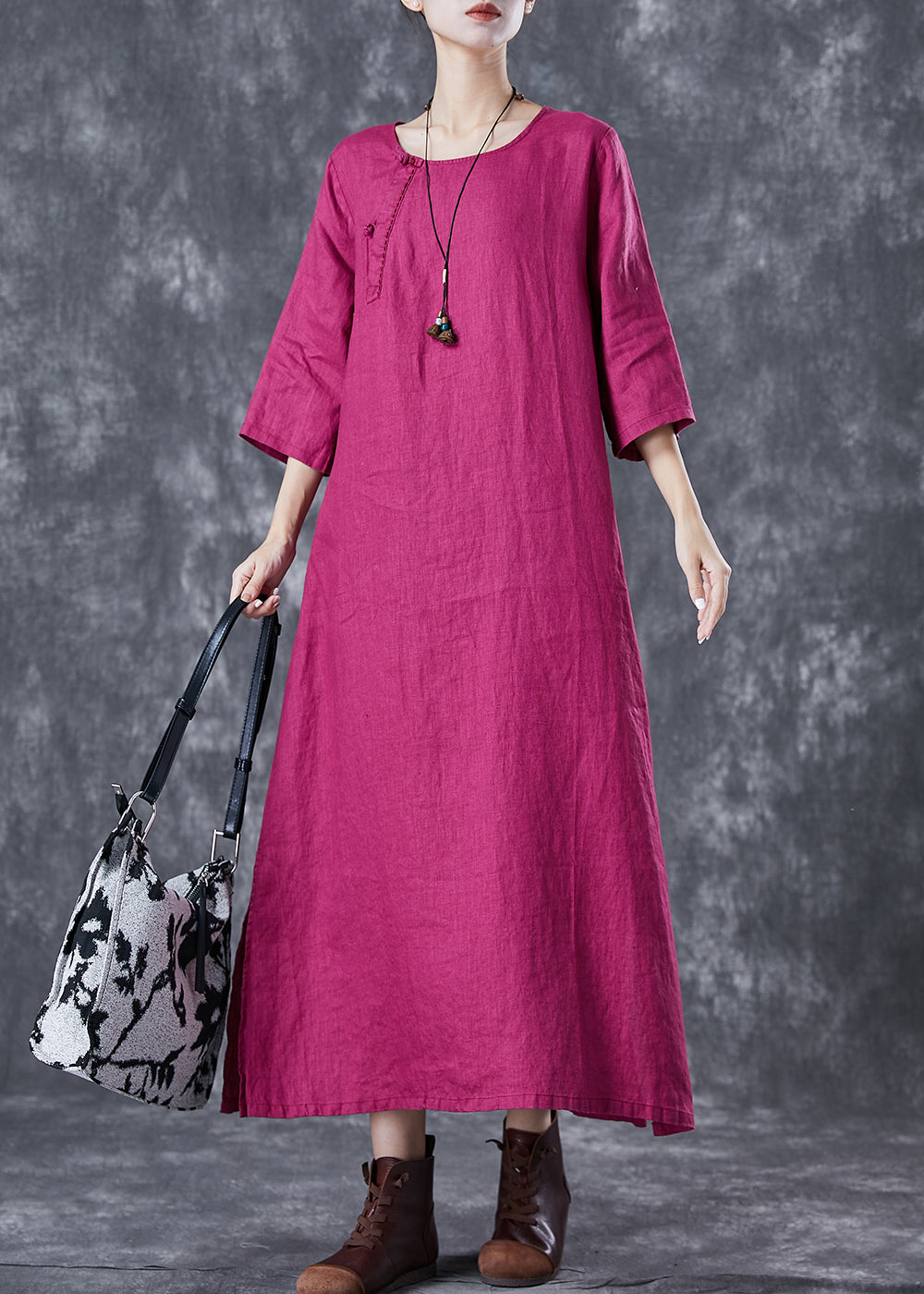 Rose Oversized Linen Holiday Dress Chinese Button Side Open Half Sleeve TD1066 - fabuloryshop