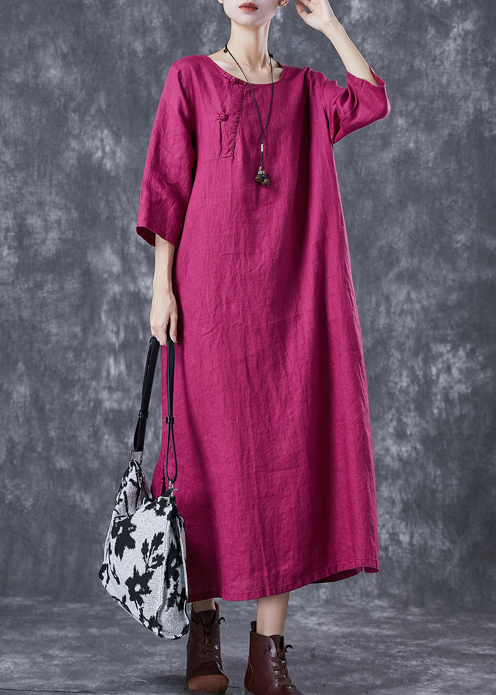 Rose Oversized Linen Holiday Dress Chinese Button Side Open Half Sleeve TD1066 - fabuloryshop