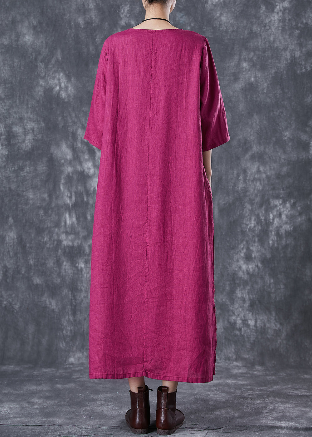 Rose Oversized Linen Holiday Dress Chinese Button Side Open Half Sleeve TD1066 - fabuloryshop