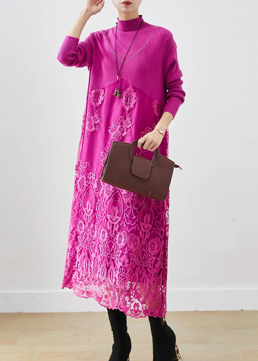Rose Patchwork Knit Robe Dresses Embroideried Fall Ada Fashion