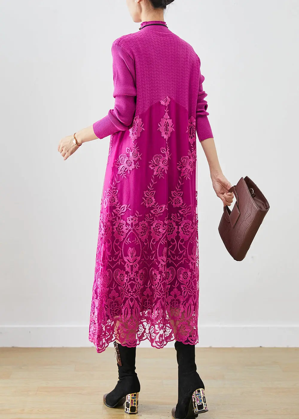 Rose Patchwork Knit Robe Dresses Embroideried Fall Ada Fashion