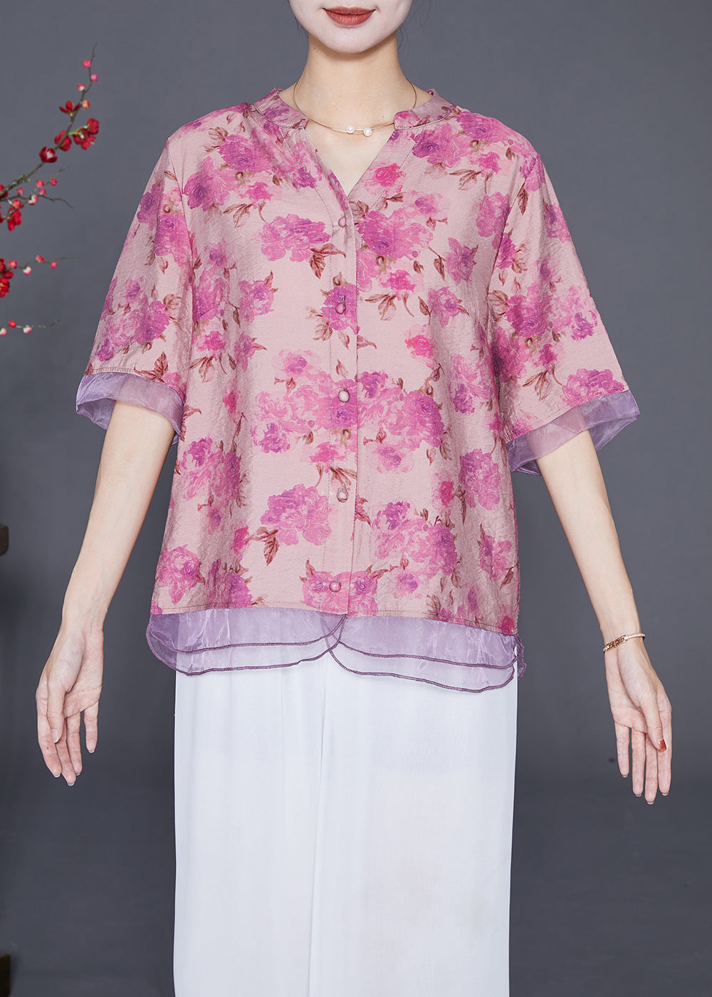 Rose Patchwork Organza Linen Silk Shirt V Neck Print Half Sleeve Ada Fashion