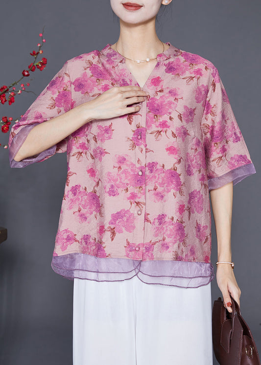 Rose Patchwork Organza Linen Silk Shirt V Neck Print Half Sleeve Ada Fashion