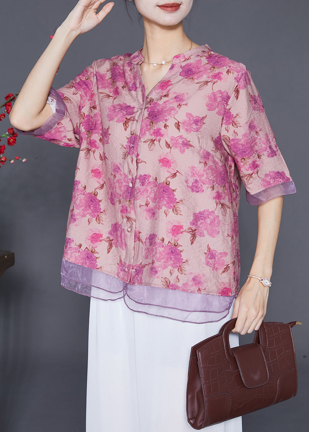 Rose Patchwork Organza Linen Silk Shirt V Neck Print Half Sleeve Ada Fashion