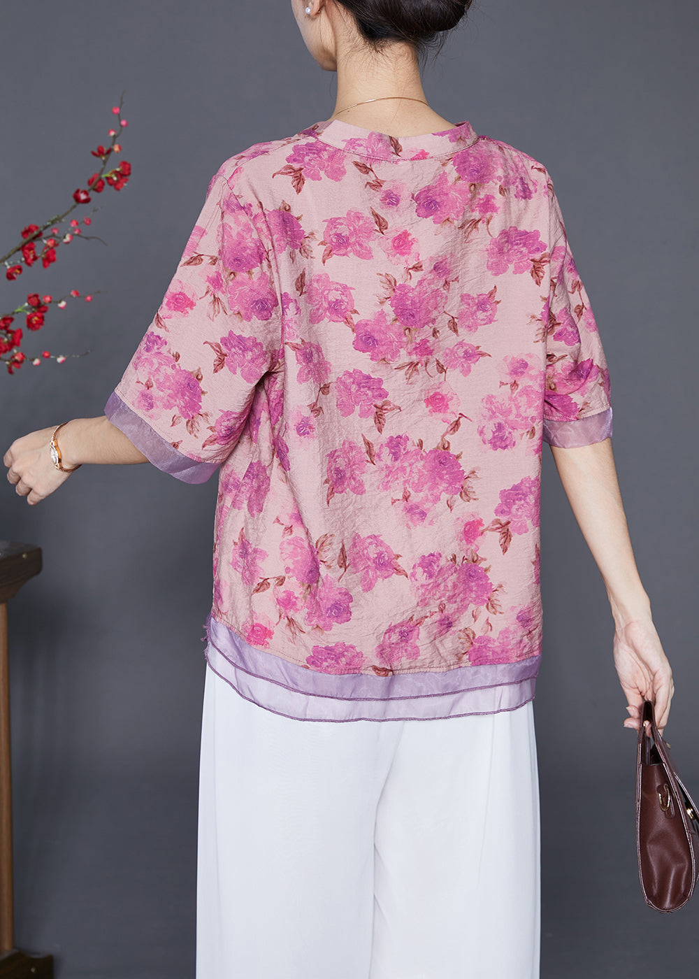 Rose Patchwork Organza Linen Silk Shirt V Neck Print Half Sleeve Ada Fashion