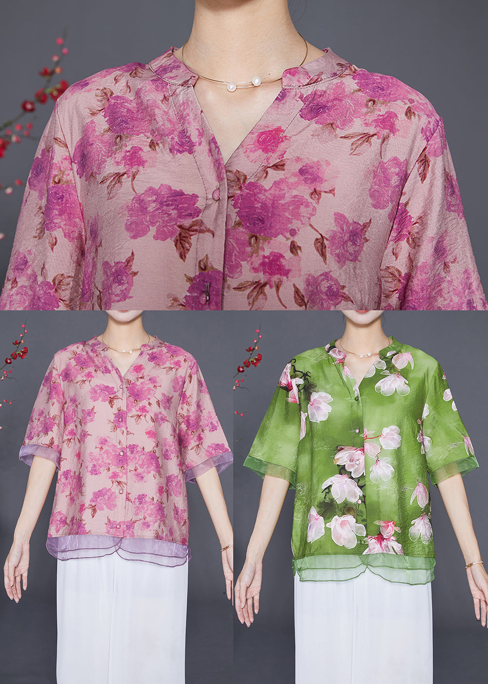 Rose Patchwork Organza Linen Silk Shirt V Neck Print Half Sleeve Ada Fashion