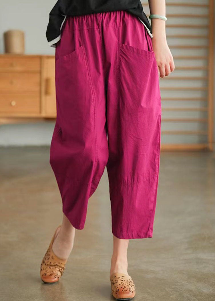 Rose Pockets Patchwork Cotton Pants Elastic Waist Summer LY0623