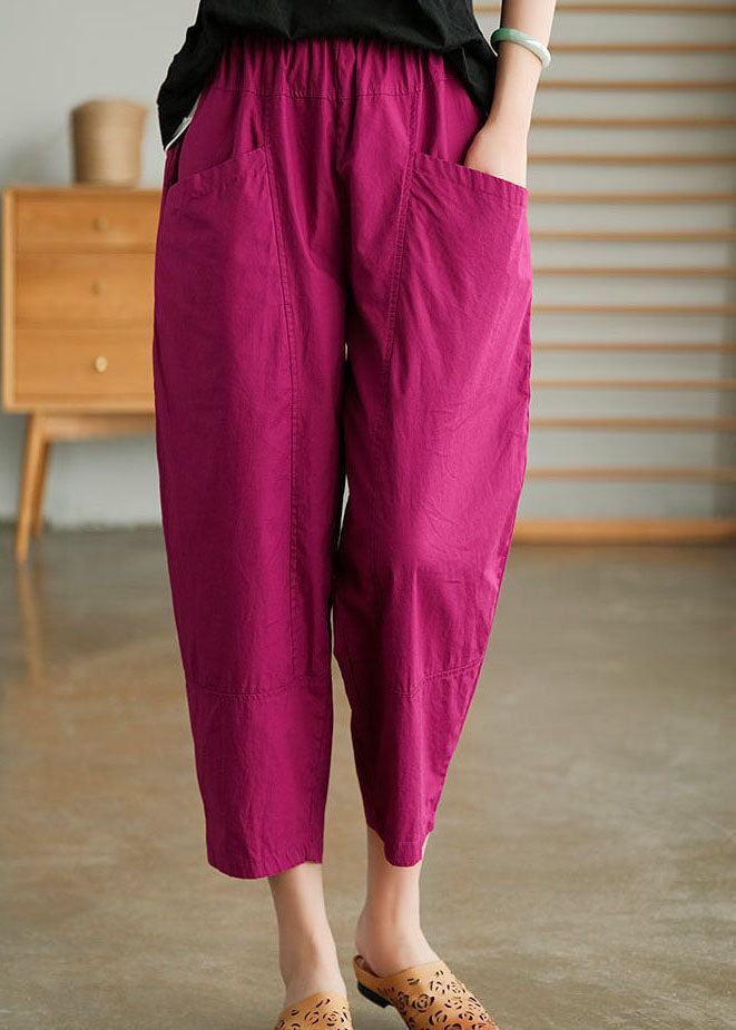 Rose Pockets Patchwork Cotton Pants Elastic Waist Summer LY0623