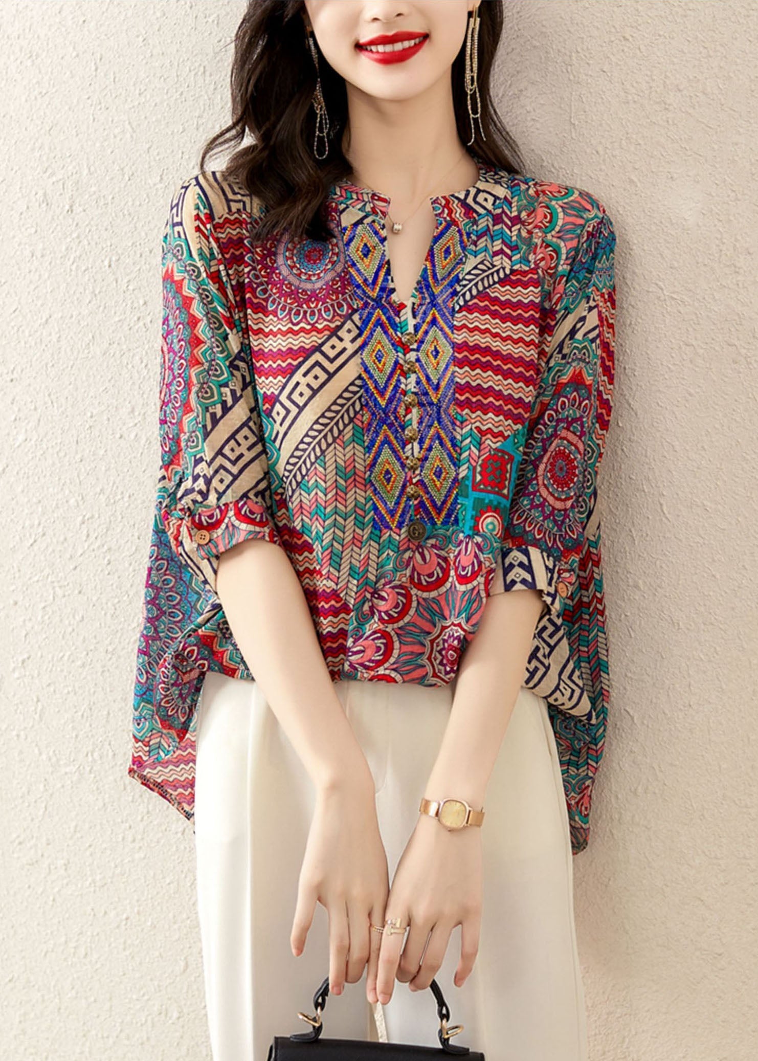 Rose Print Patchwork Chiffon Loose T Shirt Tops V Neck Summer LY5969 Ada Fashion