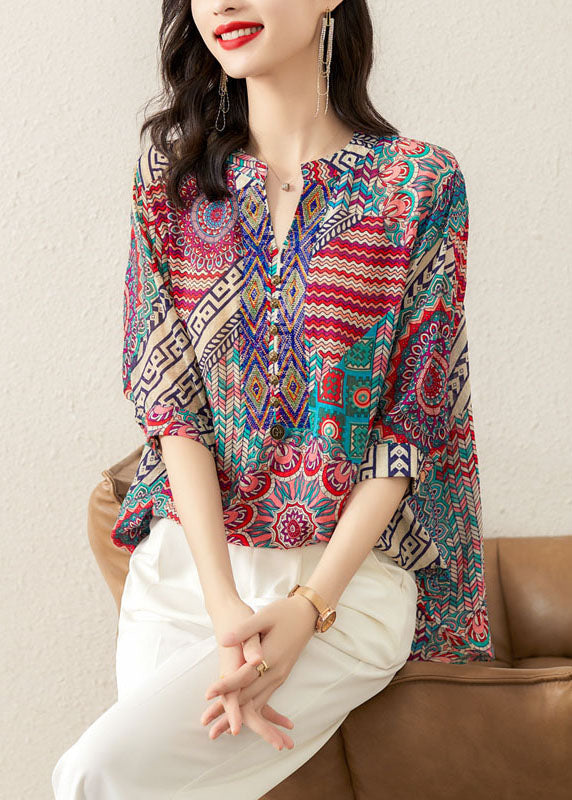 Rose Print Patchwork Chiffon Loose T Shirt Tops V Neck Summer LY5969 Ada Fashion