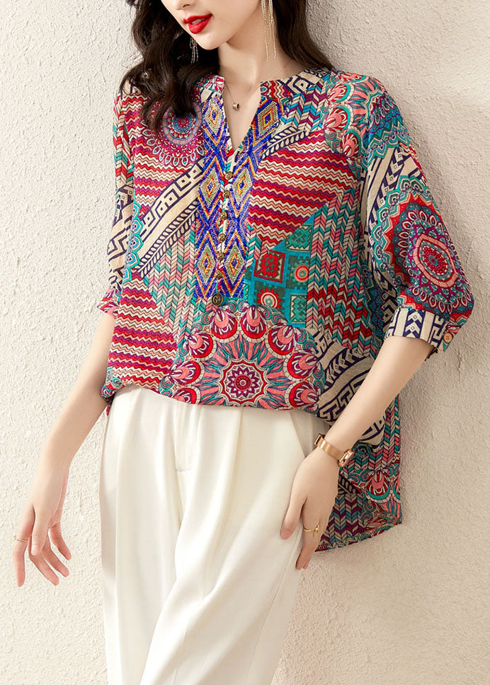 Rose Print Patchwork Chiffon Loose T Shirt Tops V Neck Summer LY5969 Ada Fashion