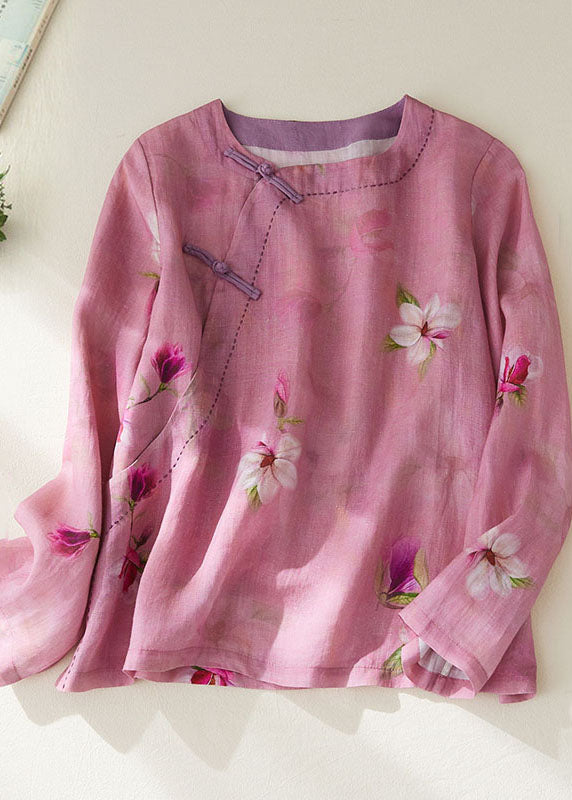 Rose Print Patchwork Cotton Top O Neck Chinese Button Long Sleeve Ada Fashion