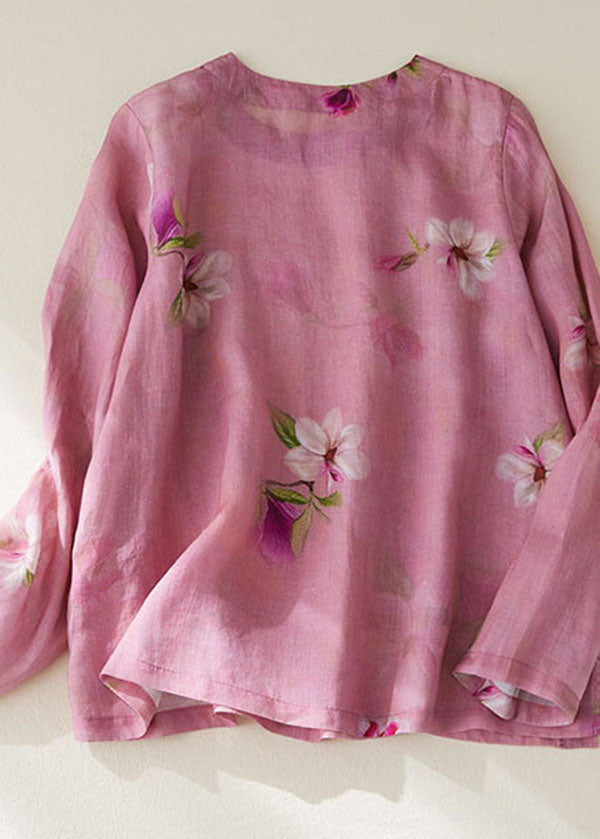 Rose Print Patchwork Cotton Top O Neck Chinese Button Long Sleeve Ada Fashion