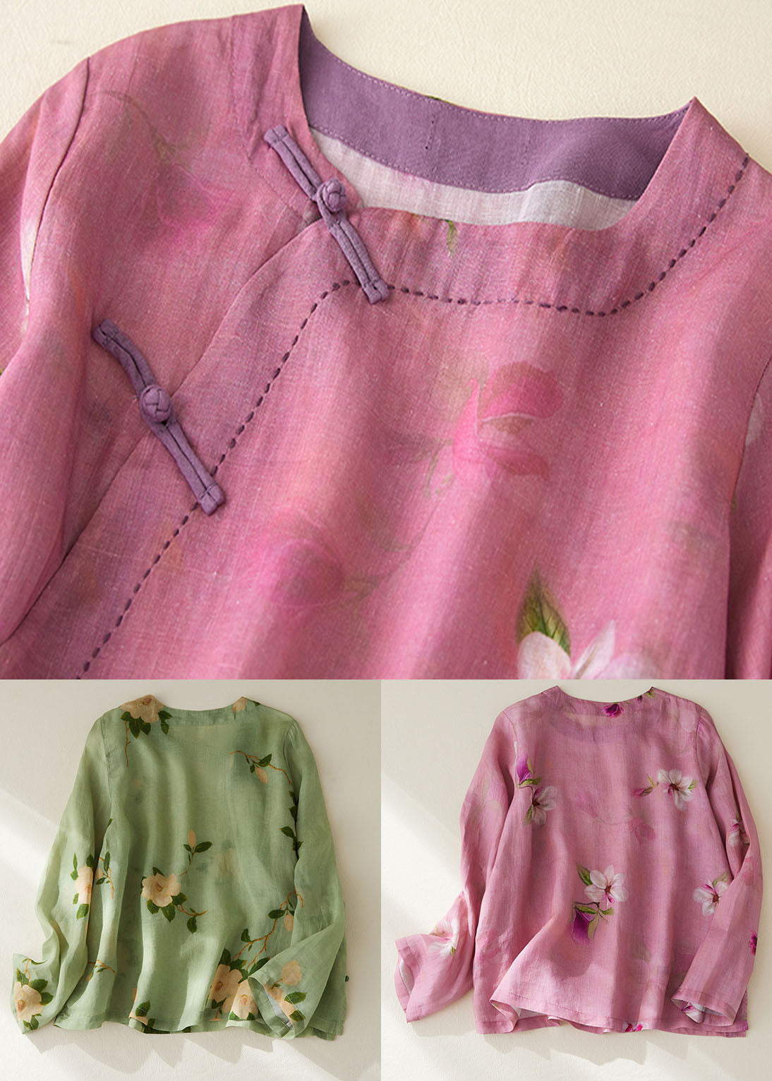 Rose Print Patchwork Cotton Top O Neck Chinese Button Long Sleeve Ada Fashion