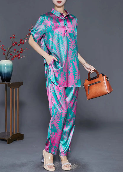 Rose Print Silk Two Piece Set Women Clothing Side Open Fall Ada Fashion