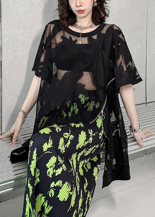 Sexy Black Asymmetrical Embroideried Patchwork Lace T Shirt Summer Ada Fashion