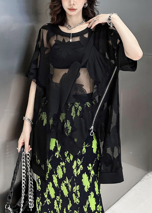 Sexy Black Asymmetrical Embroideried Patchwork Lace T Shirt Summer Ada Fashion