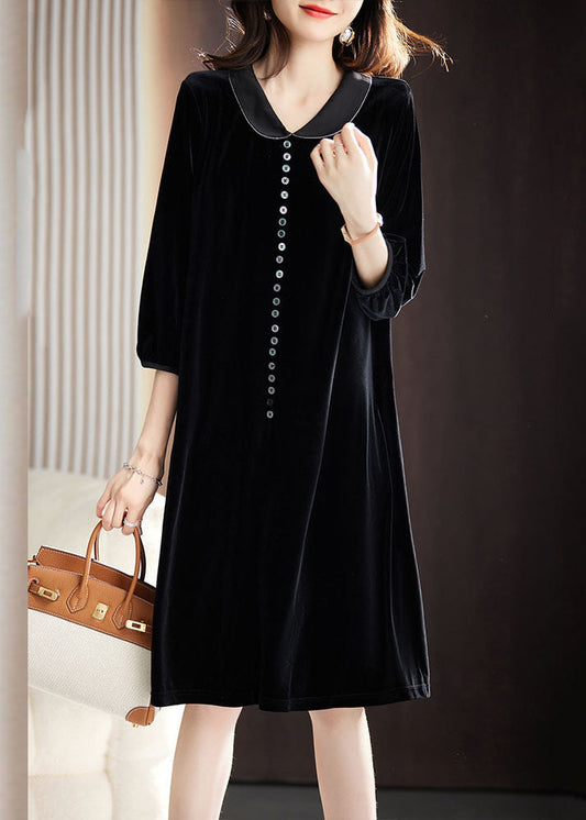 Sexy Black Peter Pan Collar Button Holiday Maxi Dress Fall Ada Fashion