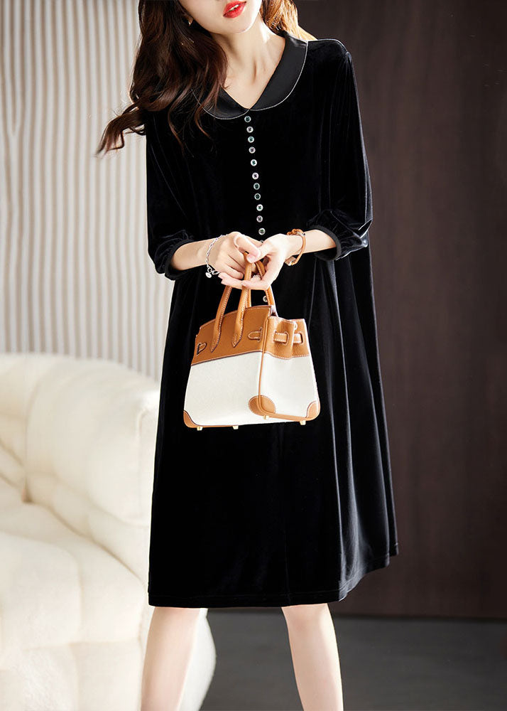 Sexy Black Peter Pan Collar Button Holiday Maxi Dress Fall Ada Fashion