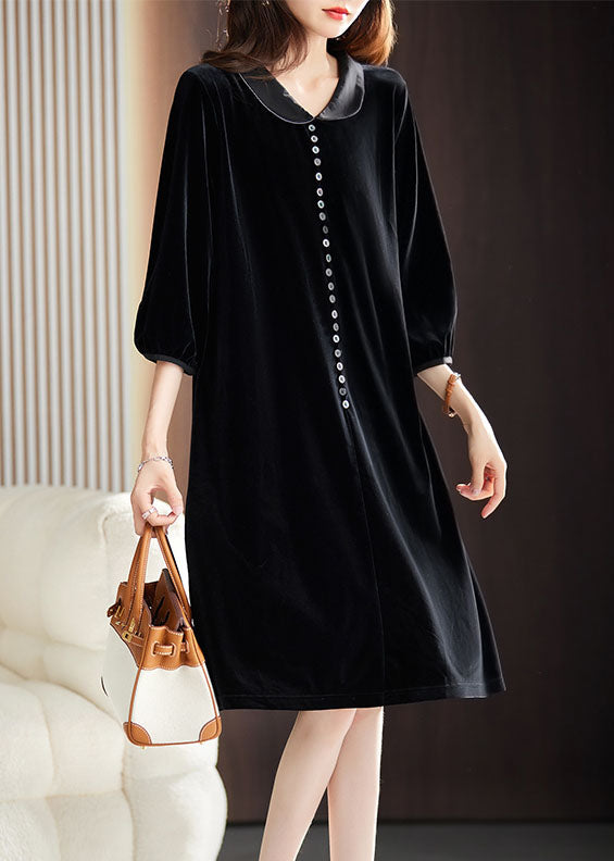 Sexy Black Peter Pan Collar Button Holiday Maxi Dress Fall Ada Fashion