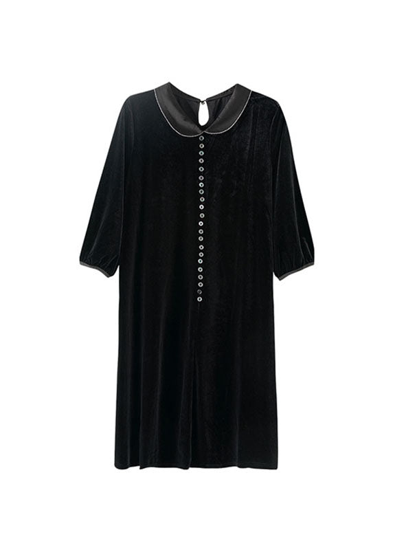 Sexy Black Peter Pan Collar Button Holiday Maxi Dress Fall Ada Fashion