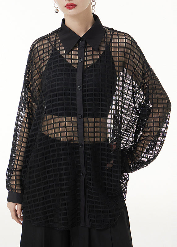 Sexy Black Peter Pan Collar Hollow Out Patchwork Lace Shirts Long Sleeve Ada Fashion