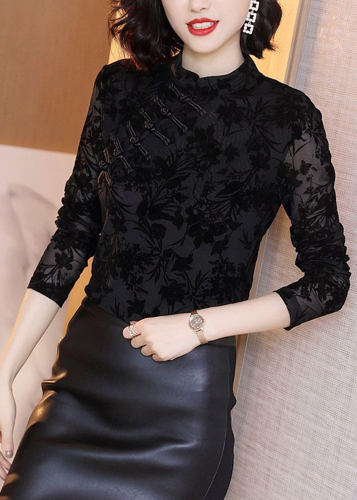 Sexy Black Stand Collar Embroideried Lace Top Fall Ada Fashion