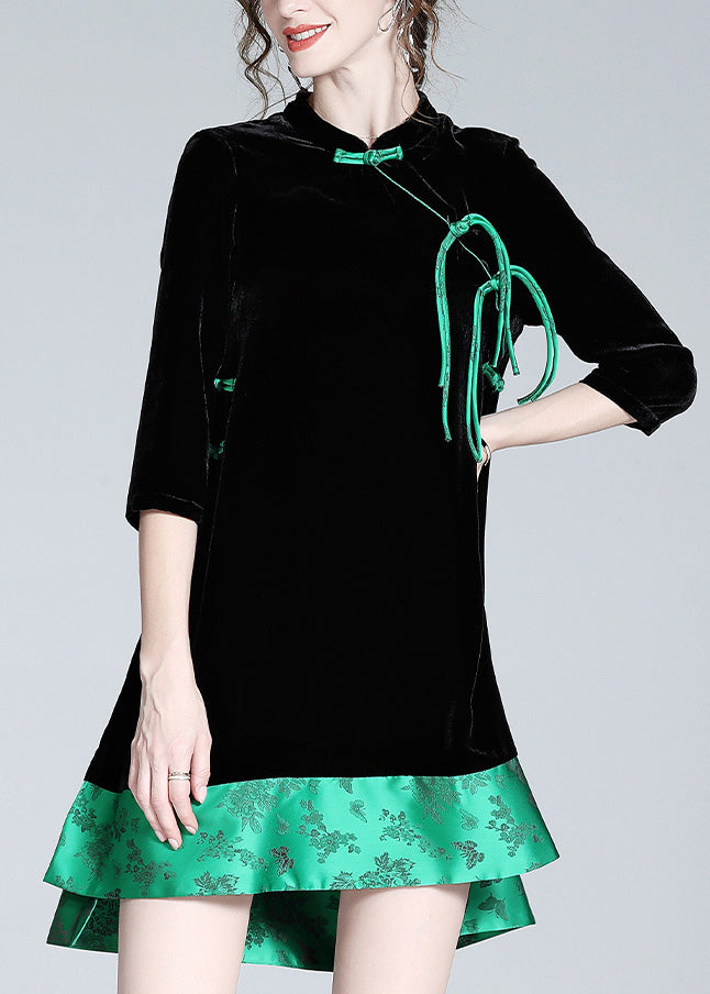 Sexy Black Stand Collar Print Low High Design Silk Velour Maxi Dresses Long Sleeve AC3054