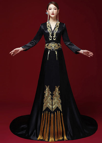 Sexy Black V Neck Embroideried Silk Maxi Dress Long Sleeve Ada Fashion