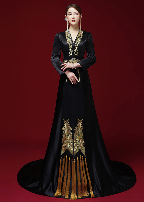 Sexy Black V Neck Embroideried Silk Maxi Dress Long Sleeve Ada Fashion