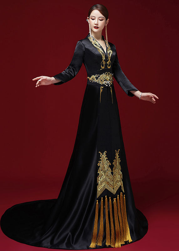 Sexy Black V Neck Embroideried Silk Maxi Dress Long Sleeve Ada Fashion