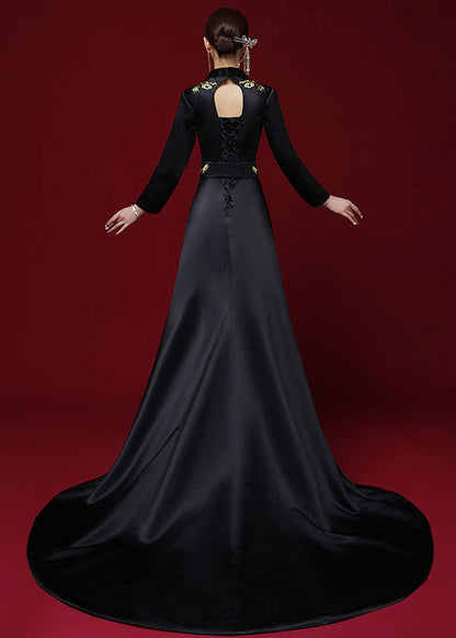 Sexy Black V Neck Embroideried Silk Maxi Dress Long Sleeve Ada Fashion