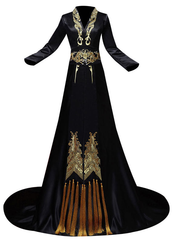 Sexy Black V Neck Embroideried Silk Maxi Dress Long Sleeve Ada Fashion