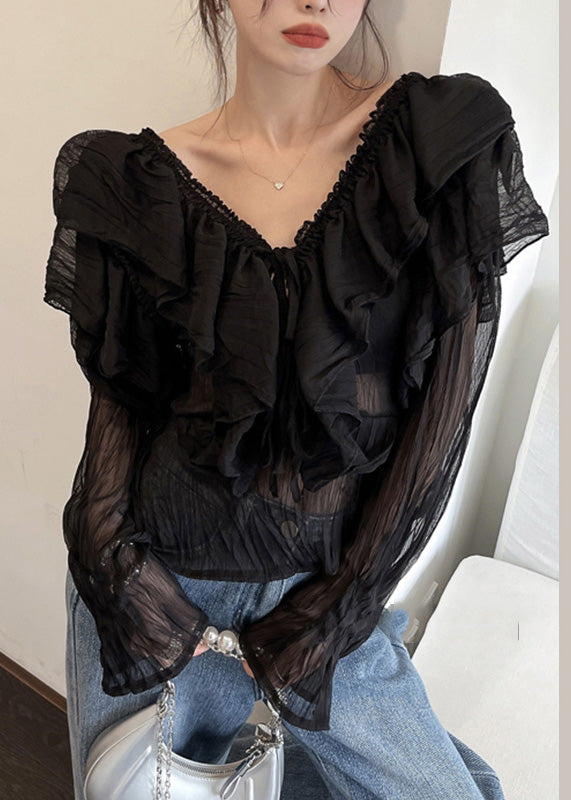 Sexy Black V Neck Ruffled Chiffon Shirts Long Sleeve LY0790 - fabuloryshop