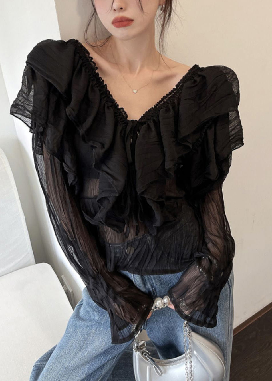 Sexy Black V Neck Ruffled Chiffon Shirts Long Sleeve LY0790 - fabuloryshop