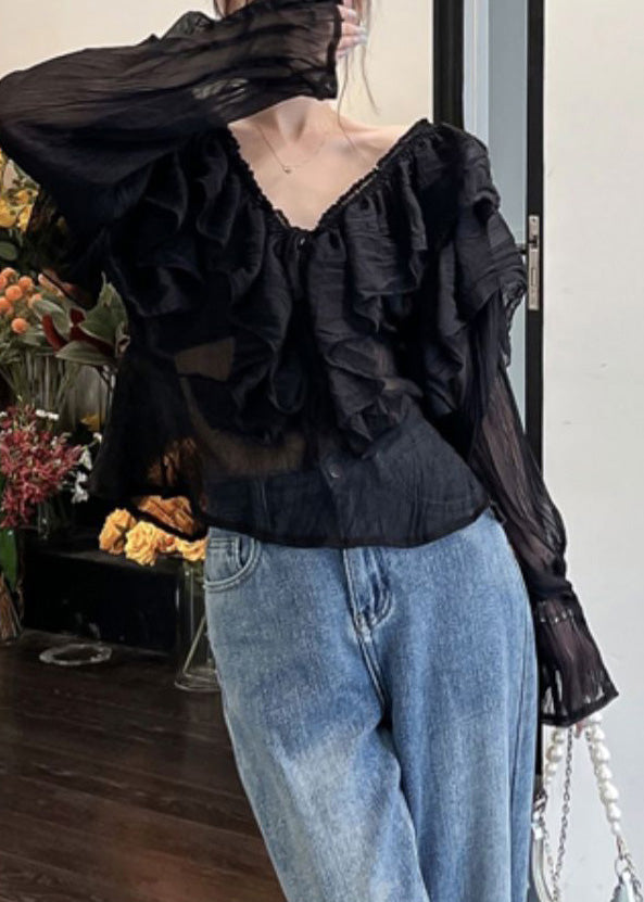 Sexy Black V Neck Ruffled Chiffon Shirts Long Sleeve LY0790 - fabuloryshop