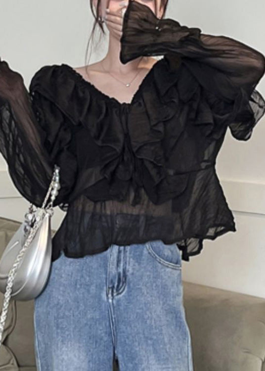 Sexy Black V Neck Ruffled Chiffon Shirts Long Sleeve LY0790 - fabuloryshop