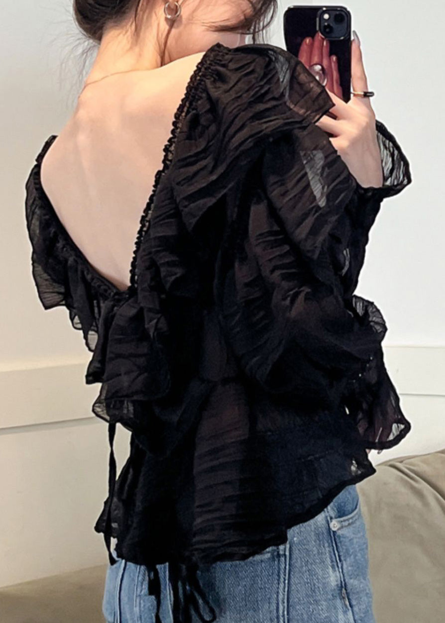 Sexy Black V Neck Ruffled Chiffon Shirts Long Sleeve LY0790 - fabuloryshop