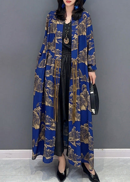 Sexy Blue Peter Pan Collar Print Slim Maxi Trench Coats Long Sleeve LY4341 - fabuloryshop