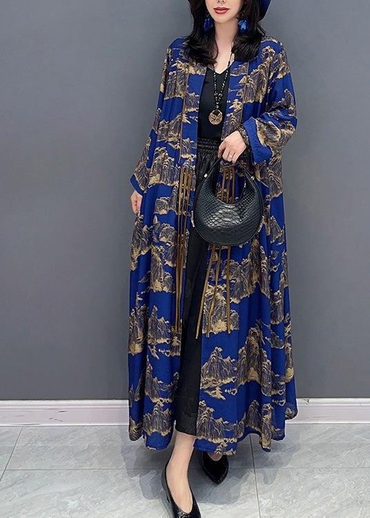 Sexy Blue Peter Pan Collar Print Slim Maxi Trench Coats Long Sleeve LY4341 - fabuloryshop