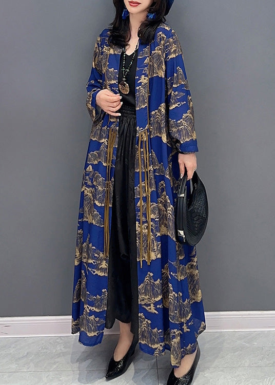 Sexy Blue Peter Pan Collar Print Slim Maxi Trench Coats Long Sleeve LY4341 - fabuloryshop