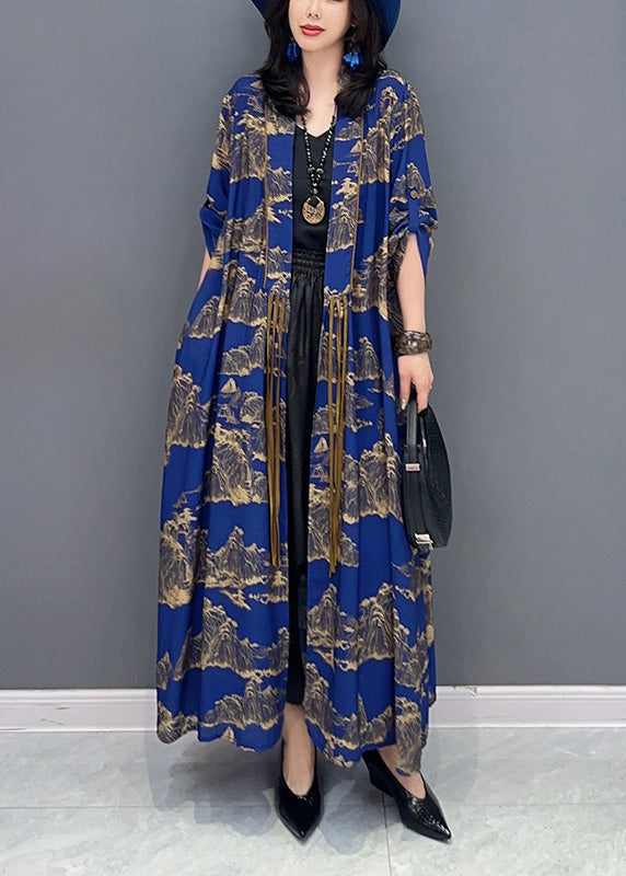 Sexy Blue Peter Pan Collar Print Slim Maxi Trench Coats Long Sleeve LY4341 - fabuloryshop