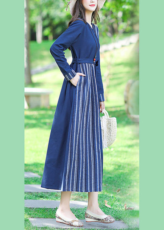 Sexy Blue V Neck Striped Patchwork Linen Long Dress Spring LC0050 - fabuloryshop