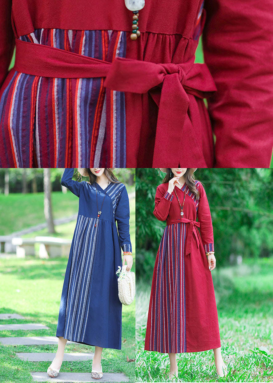 Sexy Blue V Neck Striped Patchwork Linen Long Dress Spring LC0050