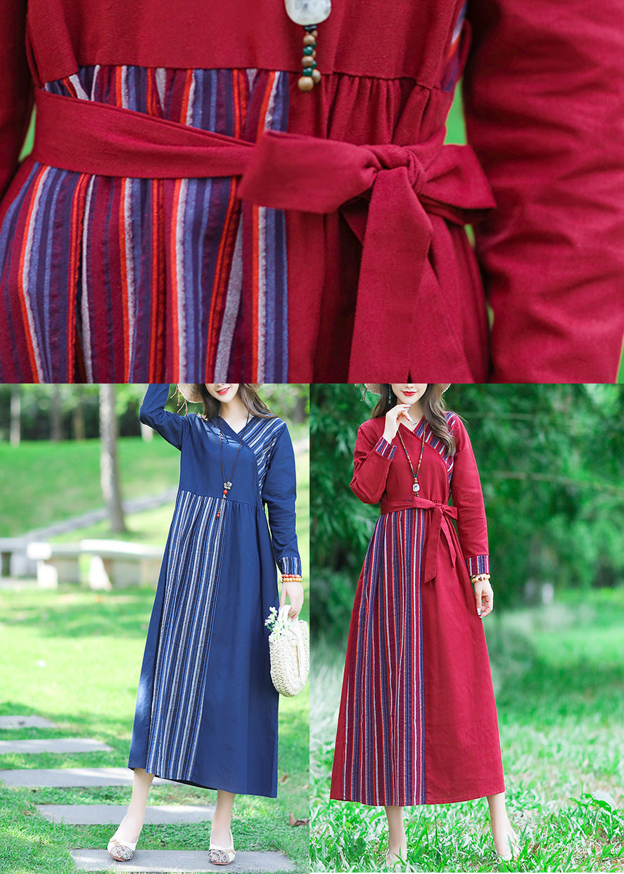 Sexy Blue V Neck Striped Patchwork Linen Long Dress Spring LC0050 - fabuloryshop