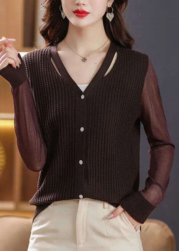 Sexy Coffee V Neck Patchwork Ice Size Knit Cardigan Fall Ada Fashion