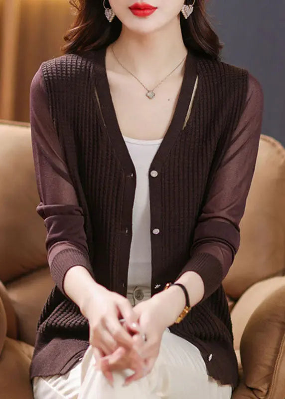 Sexy Coffee V Neck Patchwork Ice Size Knit Cardigan Fall Ada Fashion