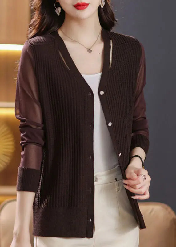 Sexy Coffee V Neck Patchwork Ice Size Knit Cardigan Fall Ada Fashion