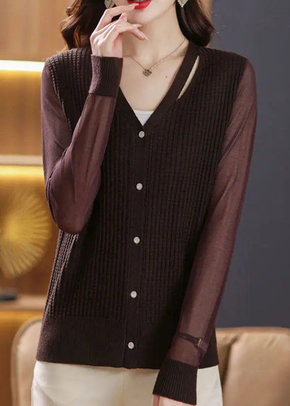 Sexy Coffee V Neck Patchwork Ice Size Knit Cardigan Fall Ada Fashion